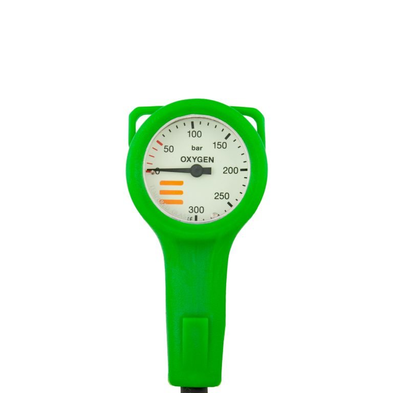 SPG diam 52 mm O2, scale 300 bar, working pressure 230 bar, 15 cm HP hose, green cover